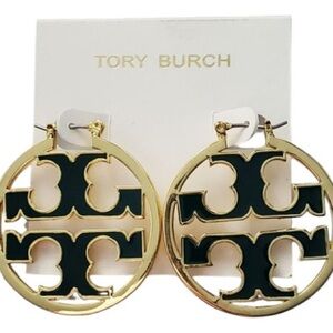 New Authentic TORY BURCH LOGO BLACK ENAMEL/GOLD Miller Hoops on TB Earring Card